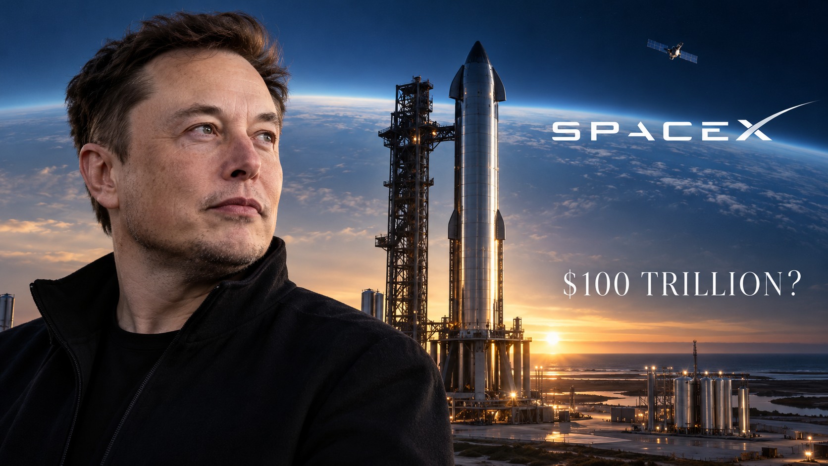 Editorial illustration of Elon Musk beside a Starship rocket, with Earth, a satellite and the text $100 TRILLION? No Apex logo.