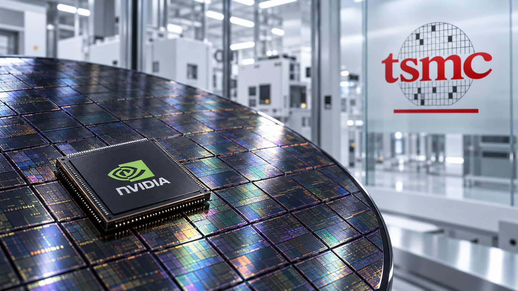 Original editorial illustration of an advanced semiconductor wafer and chip in a clean fabrication facility, with TSMC and Nvidia branding.