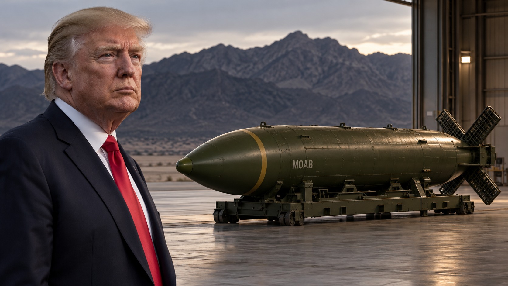 Original editorial illustration of Donald Trump, a MOAB-style bomb on a handling cradle and distant mountain terrain. It does not depict an actual deployment.