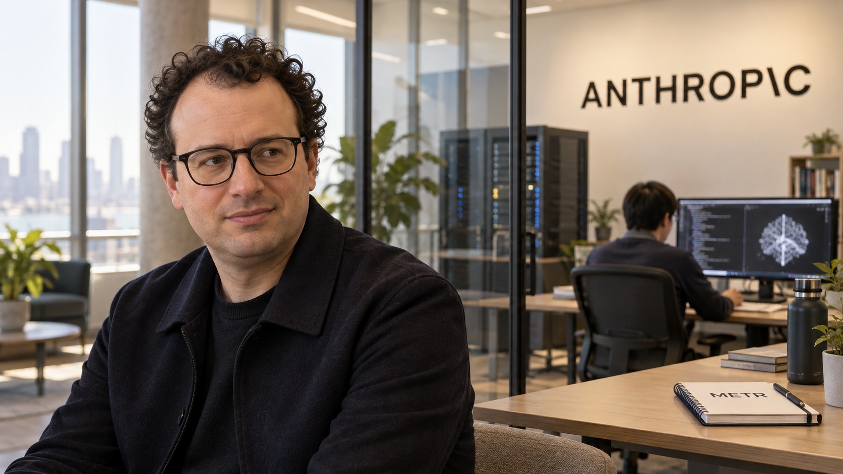 Original editorial illustration of Anthropic CEO Dario Amodei beside an AI research office, with Anthropic and METR names.