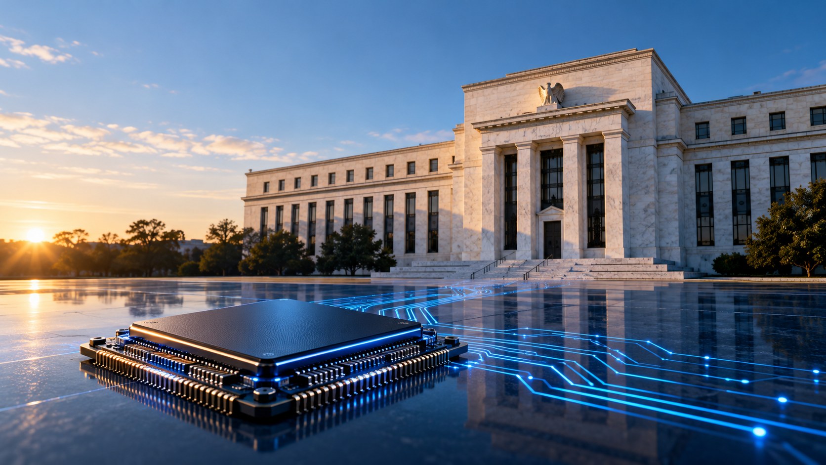 AI-generated editorial illustration of a processor and blue circuits in front of the Federal Reserve building, symbolizing AI investment and monetary policy.