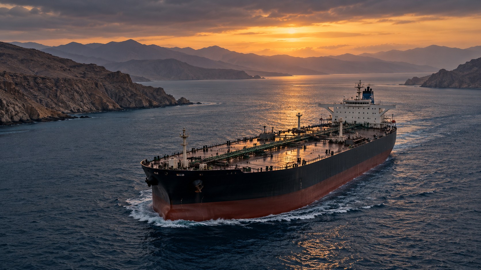 Editorial illustration of an unbranded oil tanker in a mountainous Gulf shipping channel at dusk. No specific incident is depicted.