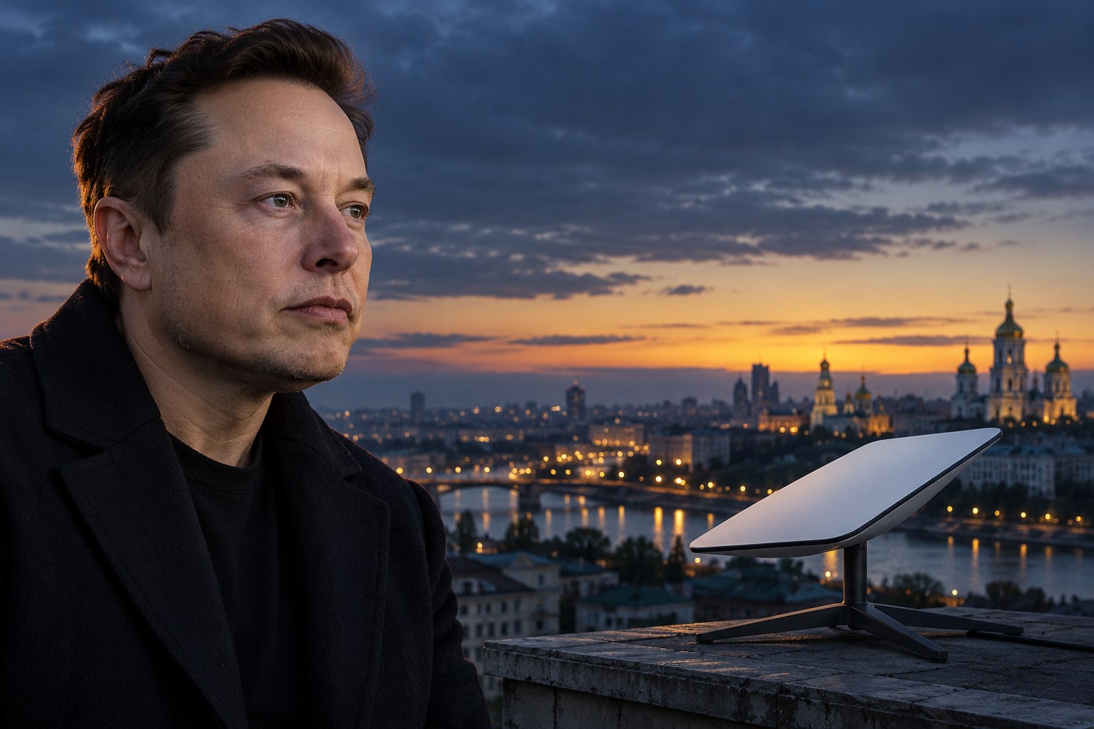 AI-generated editorial illustration of Elon Musk beside a satellite internet terminal overlooking a European city at dusk. It does not depict a specific event.