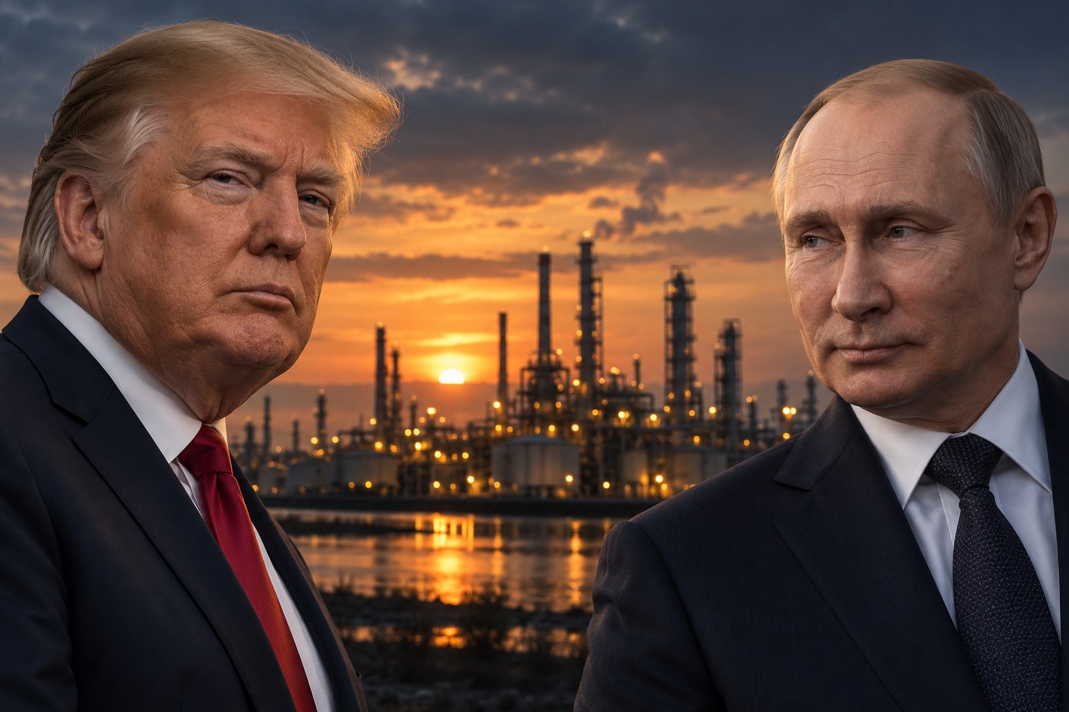 AI-generated editorial composite of Donald Trump and Vladimir Putin with a refinery at dusk. It does not depict a meeting or specific event.