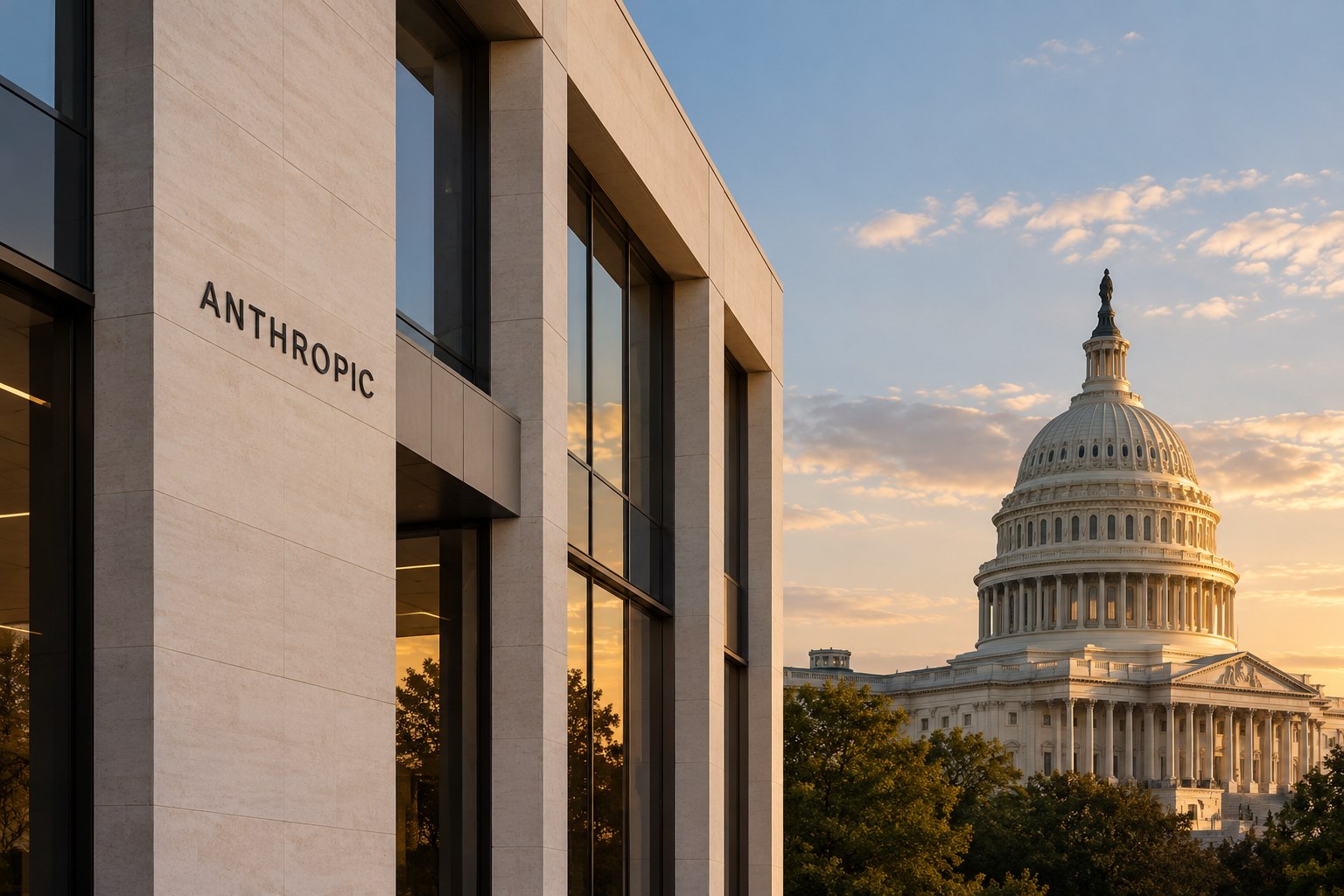 AI-generated conceptual illustration of an Anthropic-branded facade beside a view of the U.S. Capitol. It does not depict an actual Anthropic office or meeting.