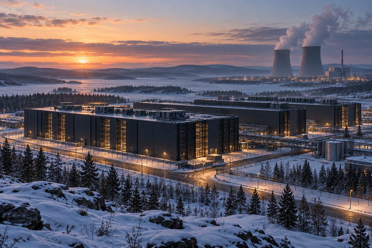 AI-generated conceptual illustration of an imagined data-center campus near a nuclear power station in a cold landscape. No actual announced Russian-American project is depicted.