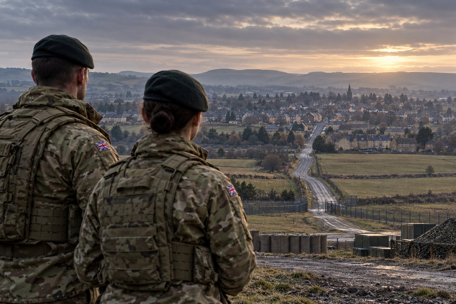 AI-generated conceptual illustration of two British soldiers at a training ground overlooking a distant town. It does not depict Roly Walker or his actual Catterick address.