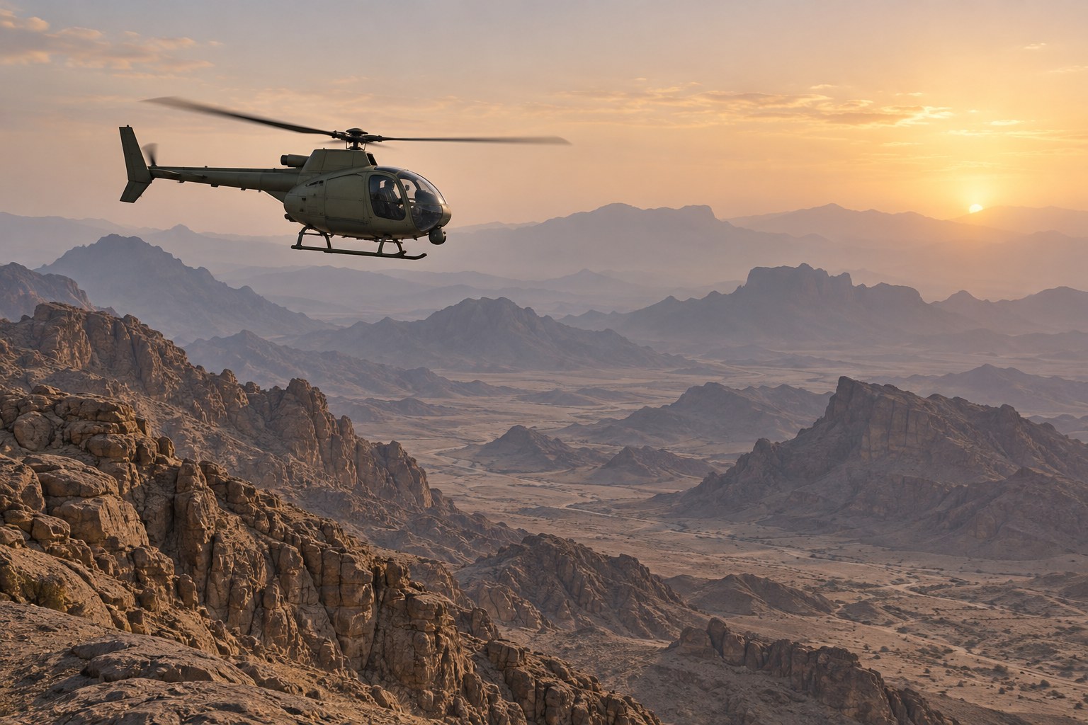 AI-generated conceptual illustration of a light military helicopter over arid mountains. It does not depict the actual Saudi aircraft, crash or alleged Houthi downing.