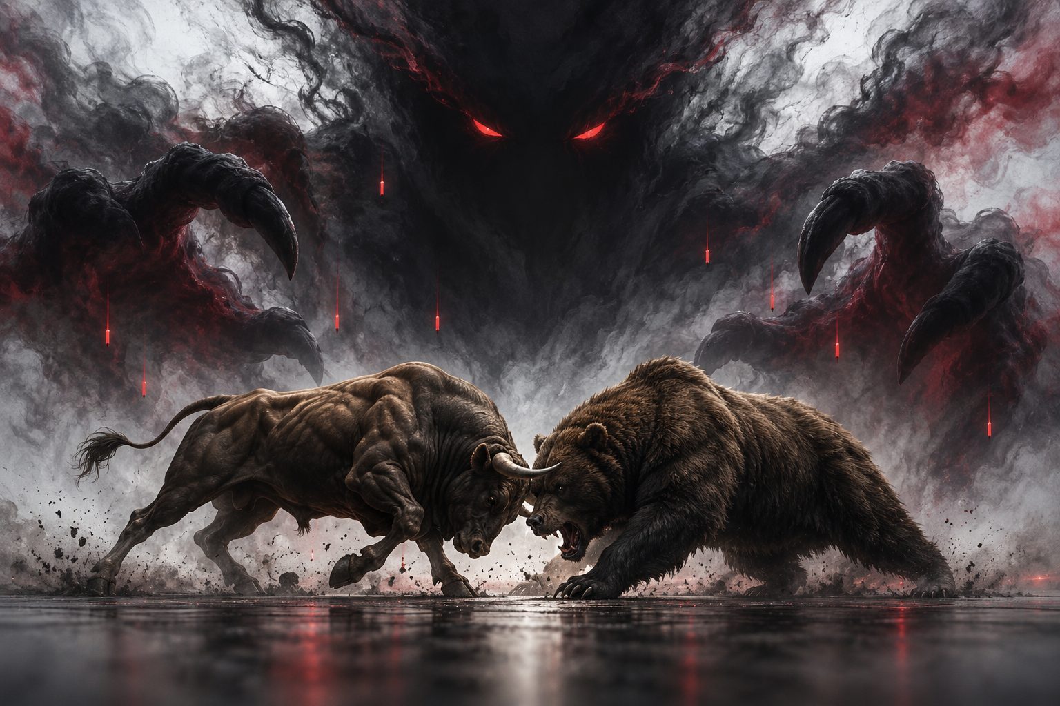 Illustration of a bull and bear facing off beneath a looming dark figure and falling red market candlesticks.