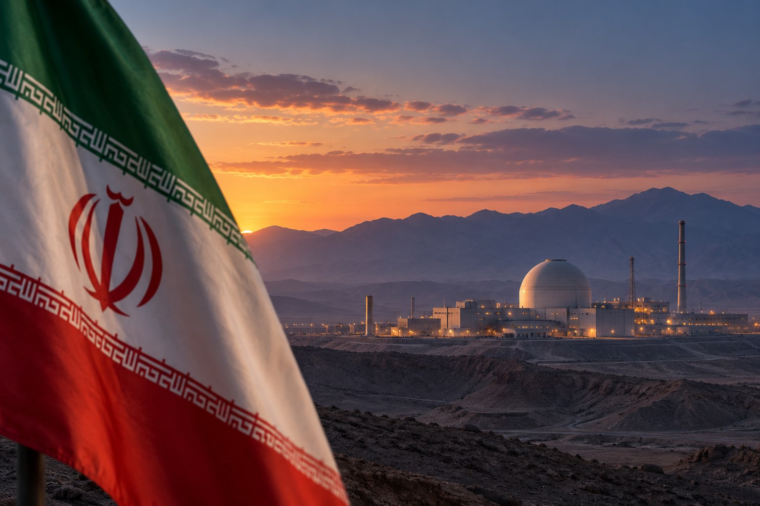 Conceptual AI-generated illustration of an Iranian flag near a generic nuclear research complex at twilight. It does not depict an actual facility or establish a weapons program.