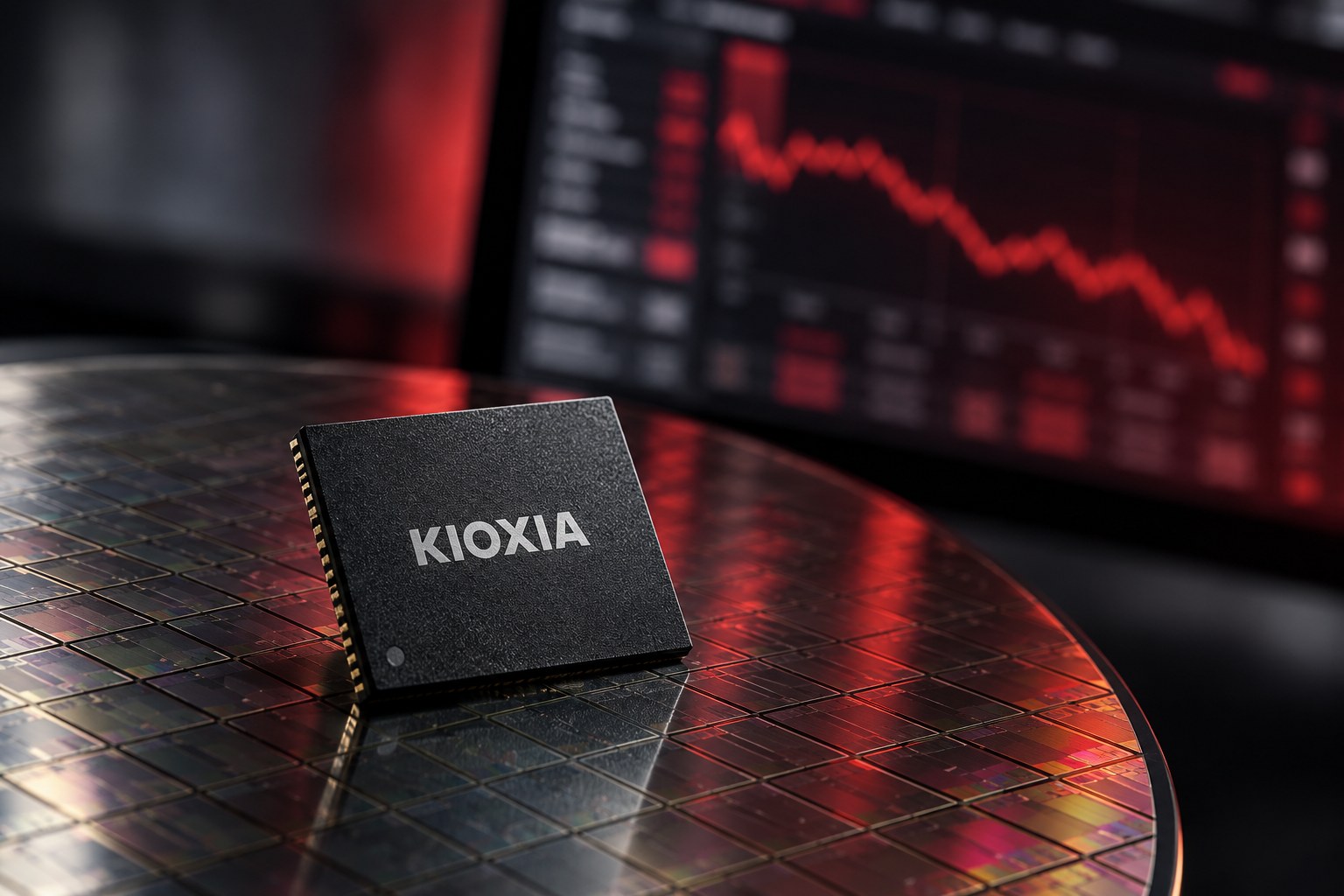 AI-generated conceptual illustration of a Kioxia-branded memory chip with a blurred red-lit brokerage display. It is not an actual company disclosure, product photograph or price chart.