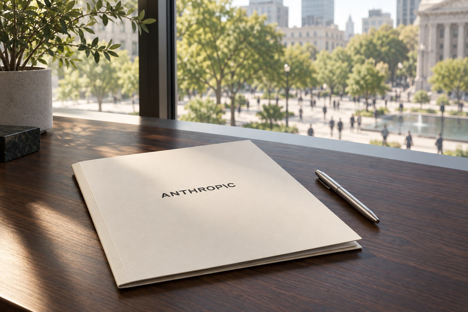 AI-generated conceptual illustration of an Anthropic-branded corporate folder beside a pen, with a public plaza beyond a window. It is not an actual Anthropic document or IPO filing.