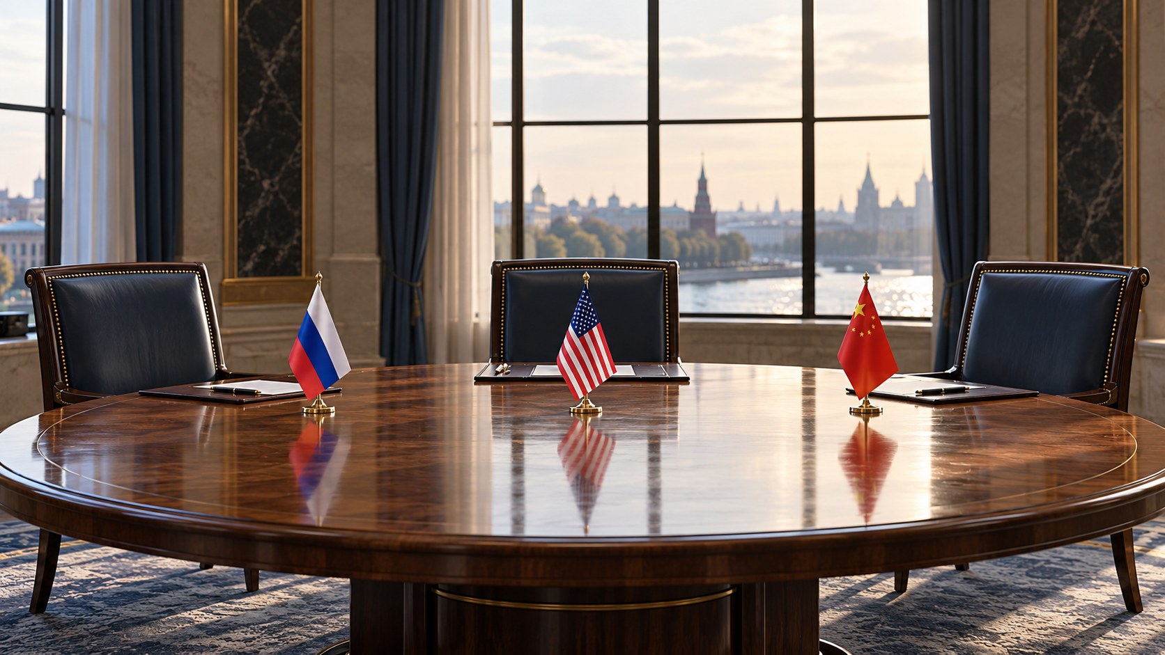 AI-generated conceptual illustration of an empty three-seat negotiating table with Russian, American and Chinese flags. No such summit is depicted as having taken place.