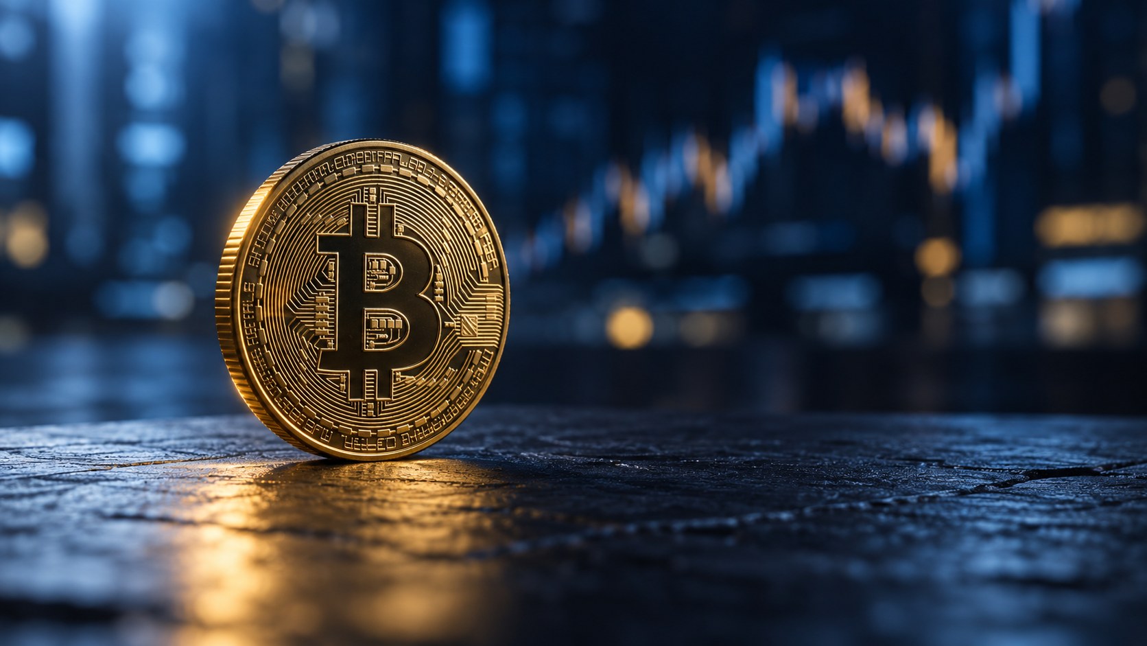 AI-generated conceptual illustration of a physical Bitcoin token on a dark slate surface with a softly blurred financial terminal in the background.