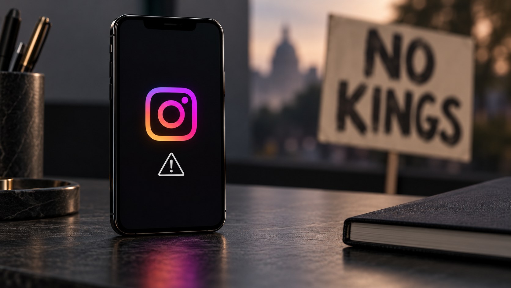 AI-generated conceptual illustration of a phone displaying an Instagram icon and a warning symbol, with a blurred No Kings sign behind it. It is not a screenshot of the suspended account.