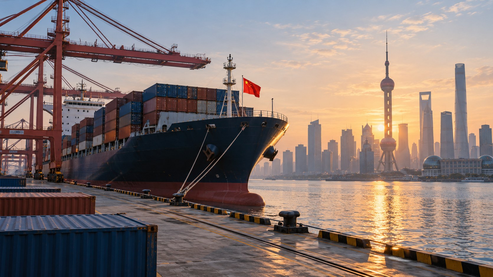 AI-generated conceptual illustration of a Chinese container port and cargo ship at dawn. It does not depict a specific reported shipment.