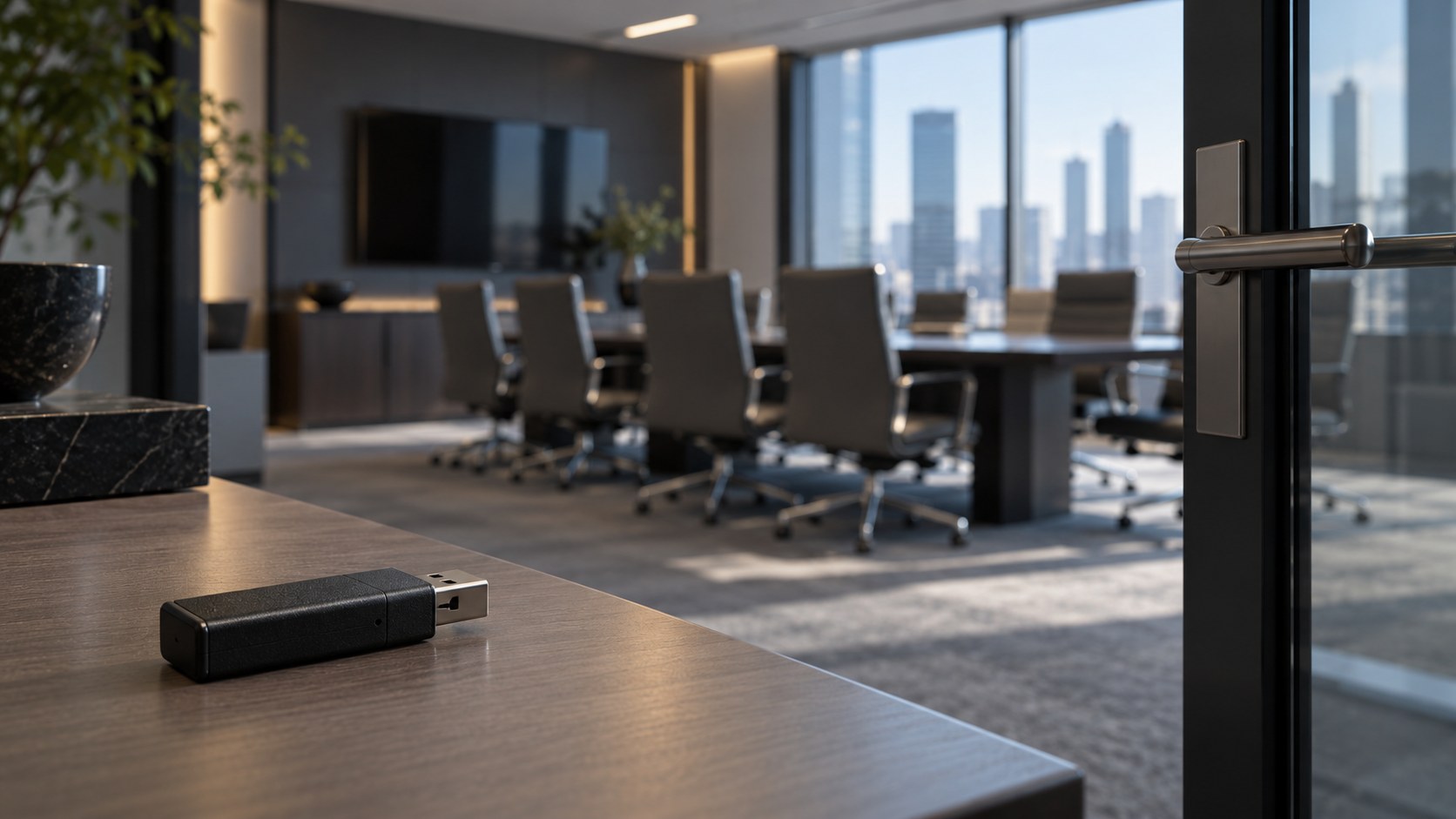 AI-generated conceptual illustration of an unbranded recorder beside an empty executive conference room. It is not the device in the OpenAI case or a photograph of evidence.