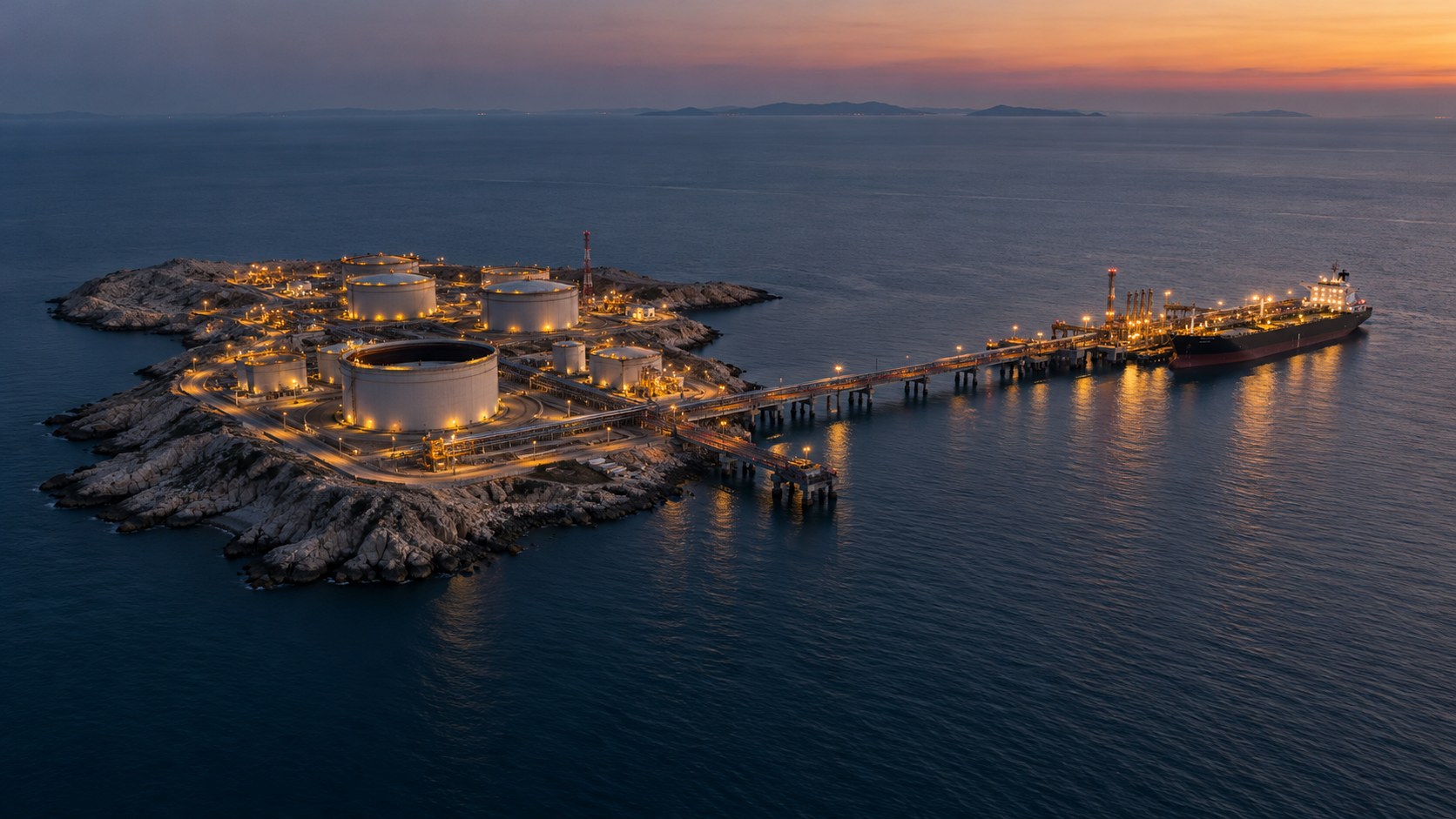 AI-generated conceptual illustration of an oil-terminal island, storage tanks and a tanker-loading jetty. It is not a surveyed view of Kharg or an actual attack.
