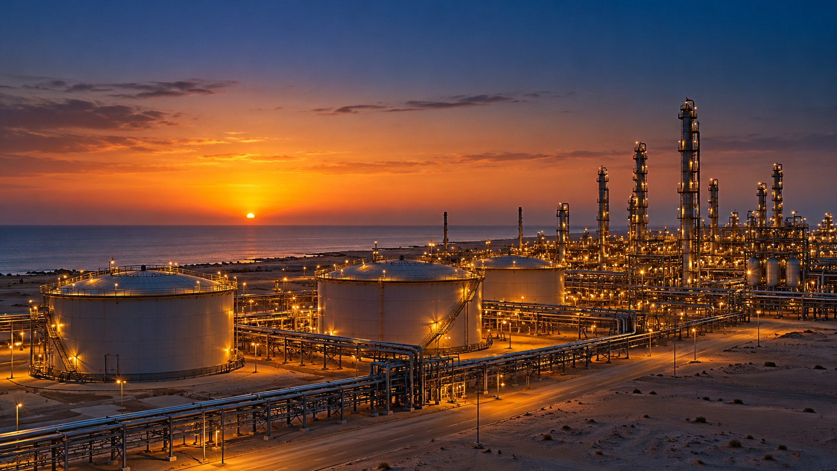 AI-generated conceptual illustration of oil-processing infrastructure on a Saudi desert coast at dusk. It does not depict a specific Aramco site or an actual attack.