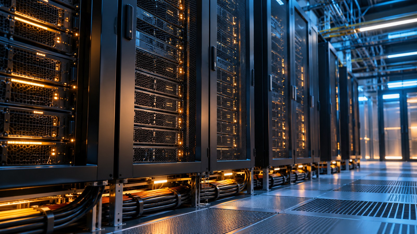AI-generated conceptual illustration of server cabinets and power cabling inside a modern data center. It does not depict an actual Nscale facility.