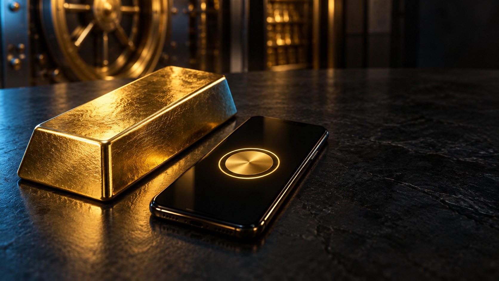 Illustration of a gold bar beside a smartphone displaying a gold-colored token symbol, with a vault in the background.