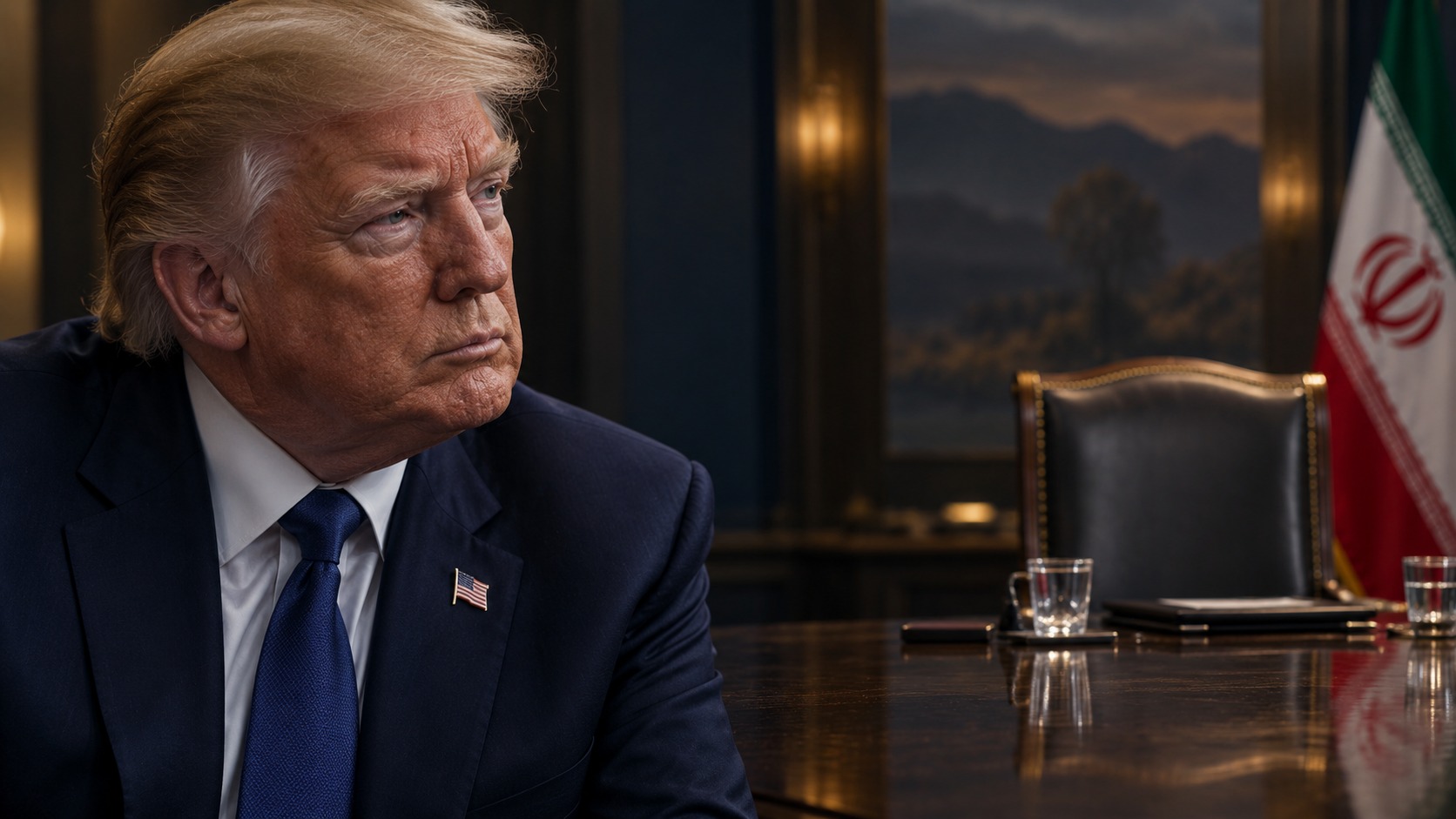 Editorial illustration of Donald Trump with an empty negotiating chair and an Iranian flag in the background.