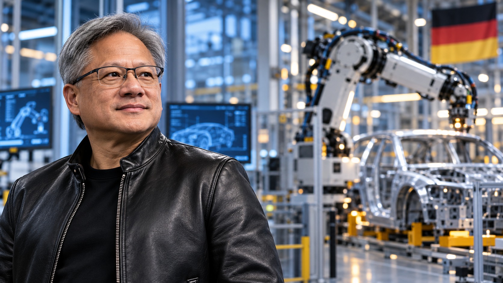 Editorial illustration of Jensen Huang in front of a modern German factory with an industrial robotic arm.