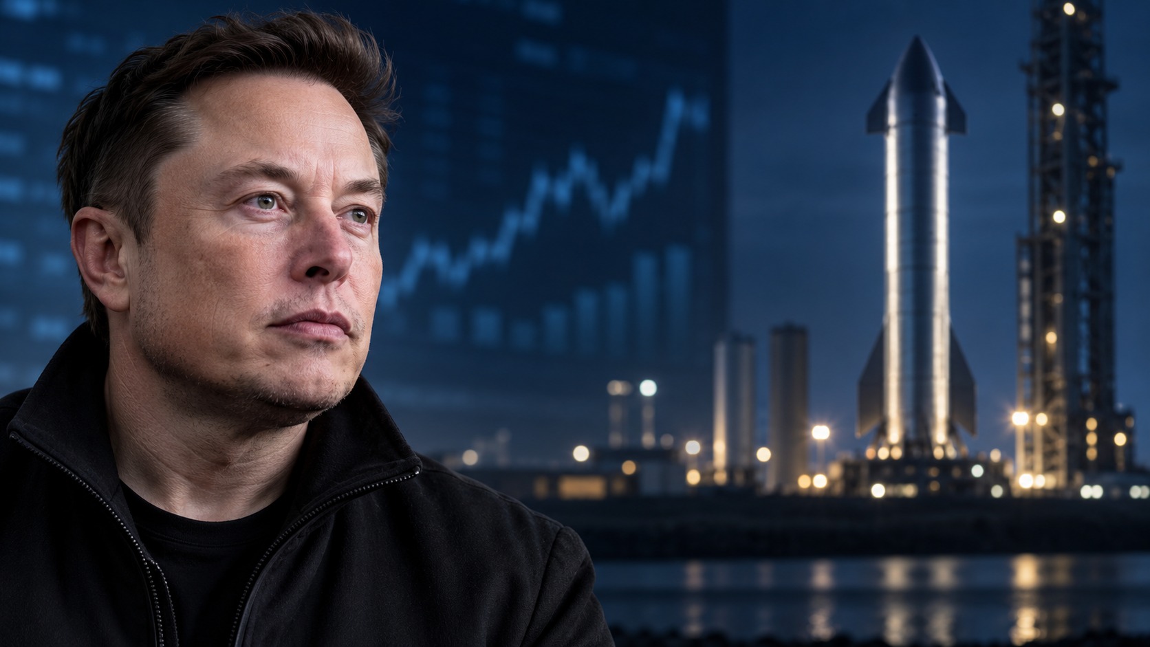 Editorial illustration of Elon Musk with a Starship rocket and financial-screen lighting in the background.