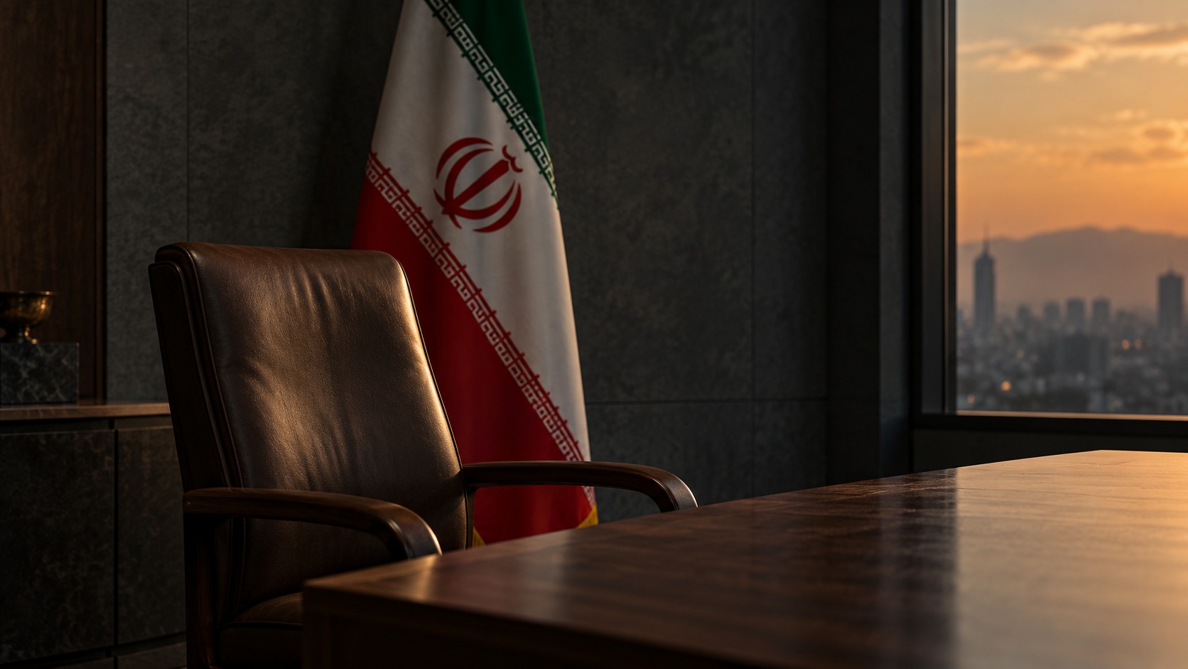 Editorial illustration of an empty negotiating chair beside an Iranian flag, symbolizing stalled peace talks. Not a photograph of an actual meeting.