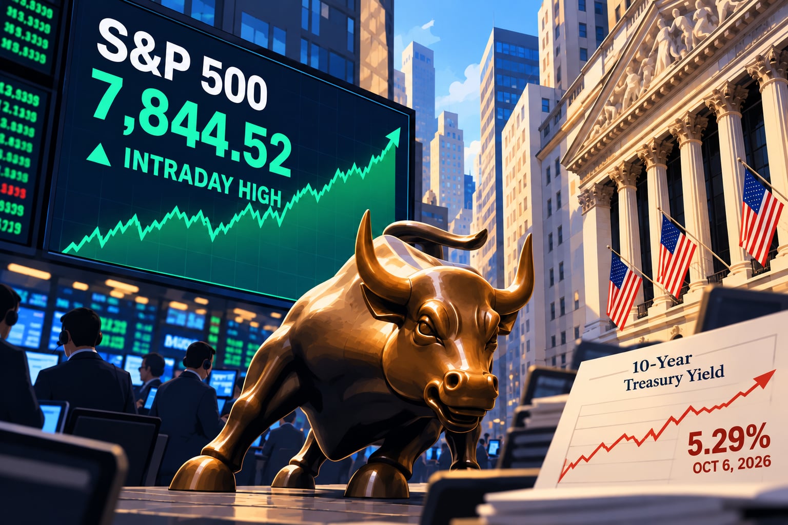 Illustration of a gold bull on Wall Street beside an S&P 500 board showing an intraday high of 7,844.52 and a 10-year Treasury yield of 5.29%.