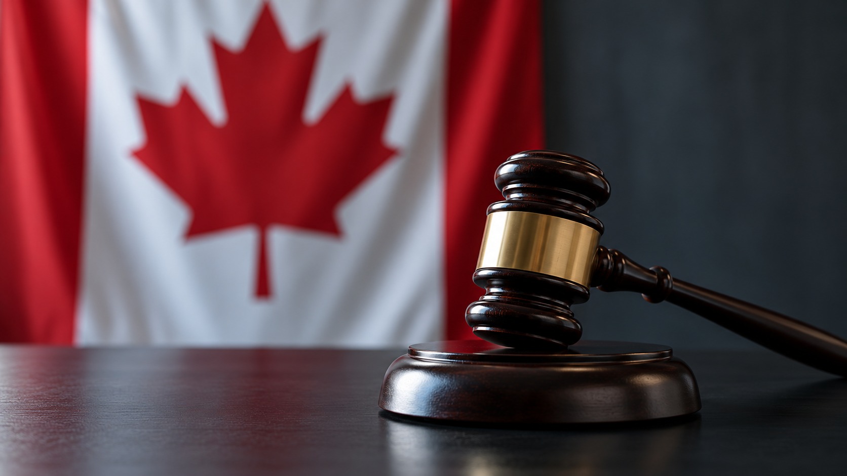 Editorial illustration of a judge’s gavel with a Canadian flag in the background, symbolizing the U.S. legal dispute over Canadian imports. Not a photograph of the proceedings.