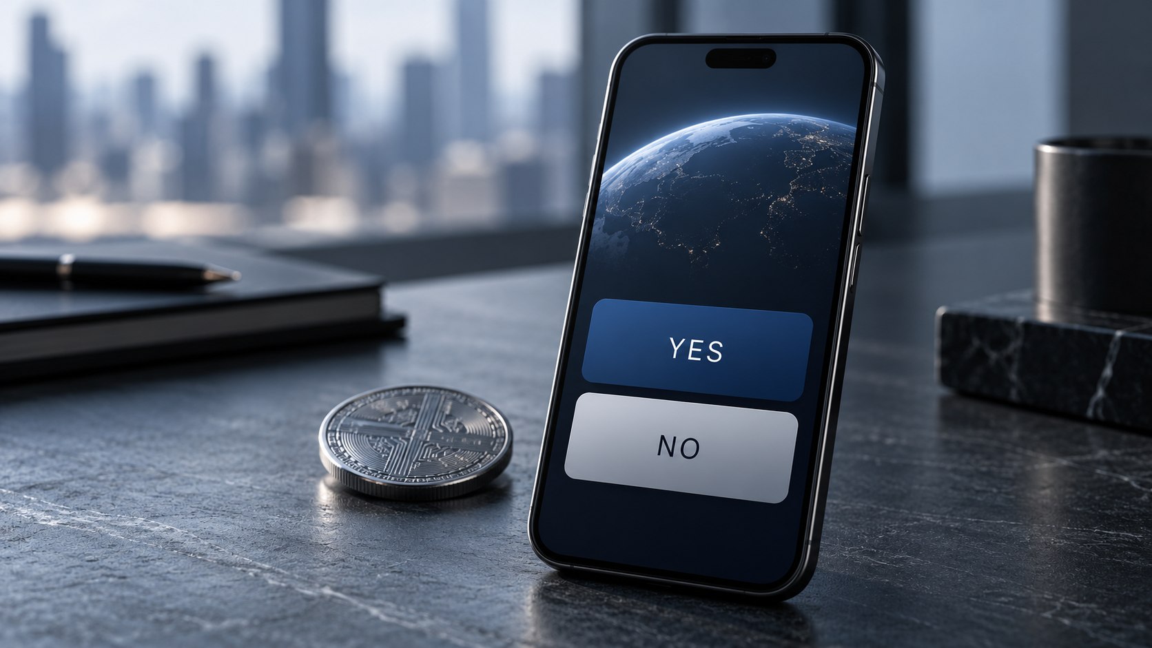AI-generated editorial illustration of a phone with generic YES and NO trading buttons beside a cryptocurrency coin.