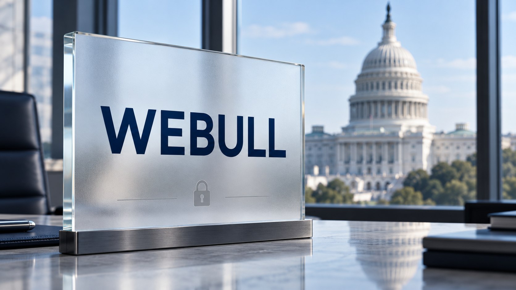 AI-generated editorial illustration of a glass panel marked WEBULL with the U.S. Capitol in the background and a small privacy padlock.