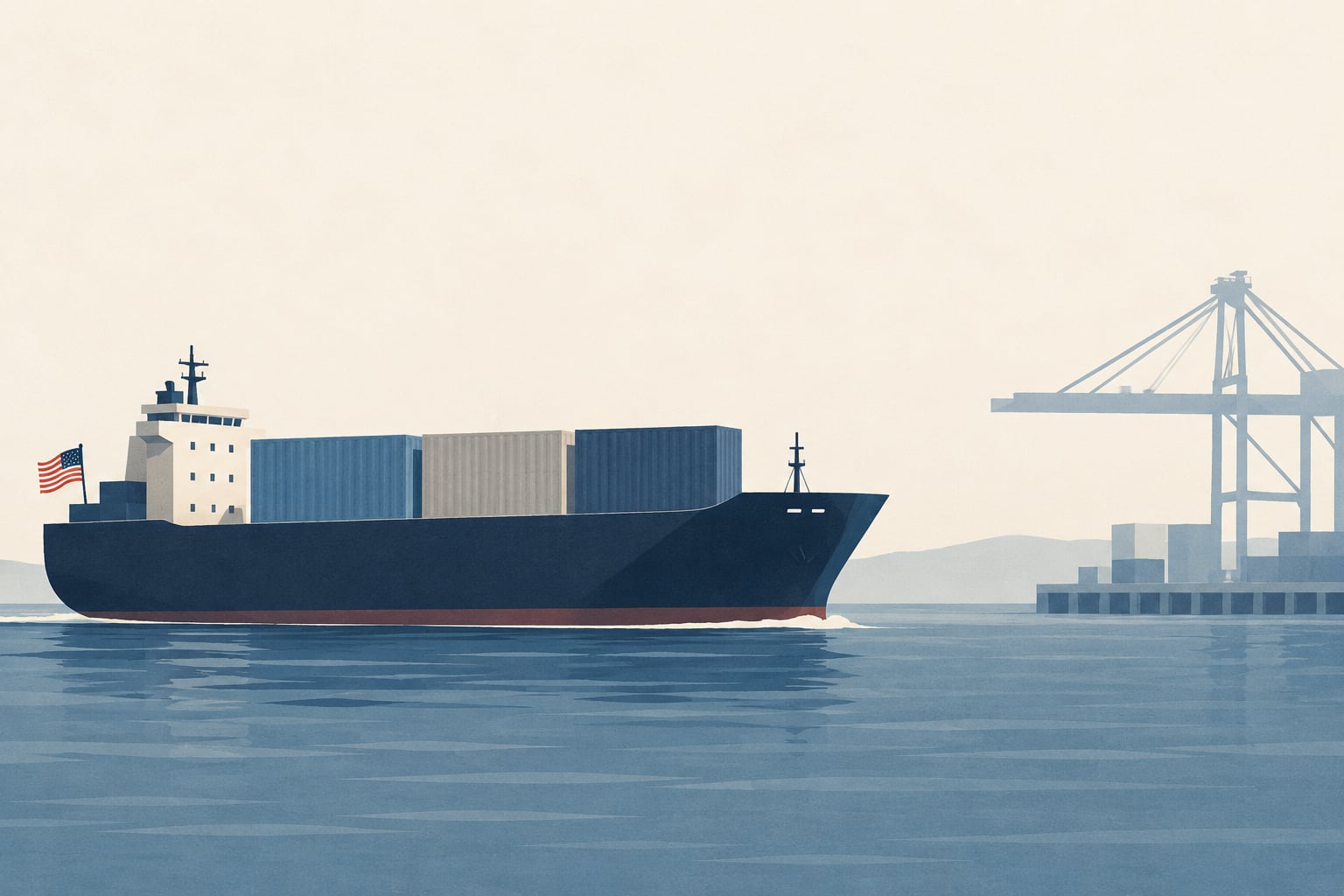 Minimal editorial illustration of a container ship with a small American flag entering a U.S. port.
