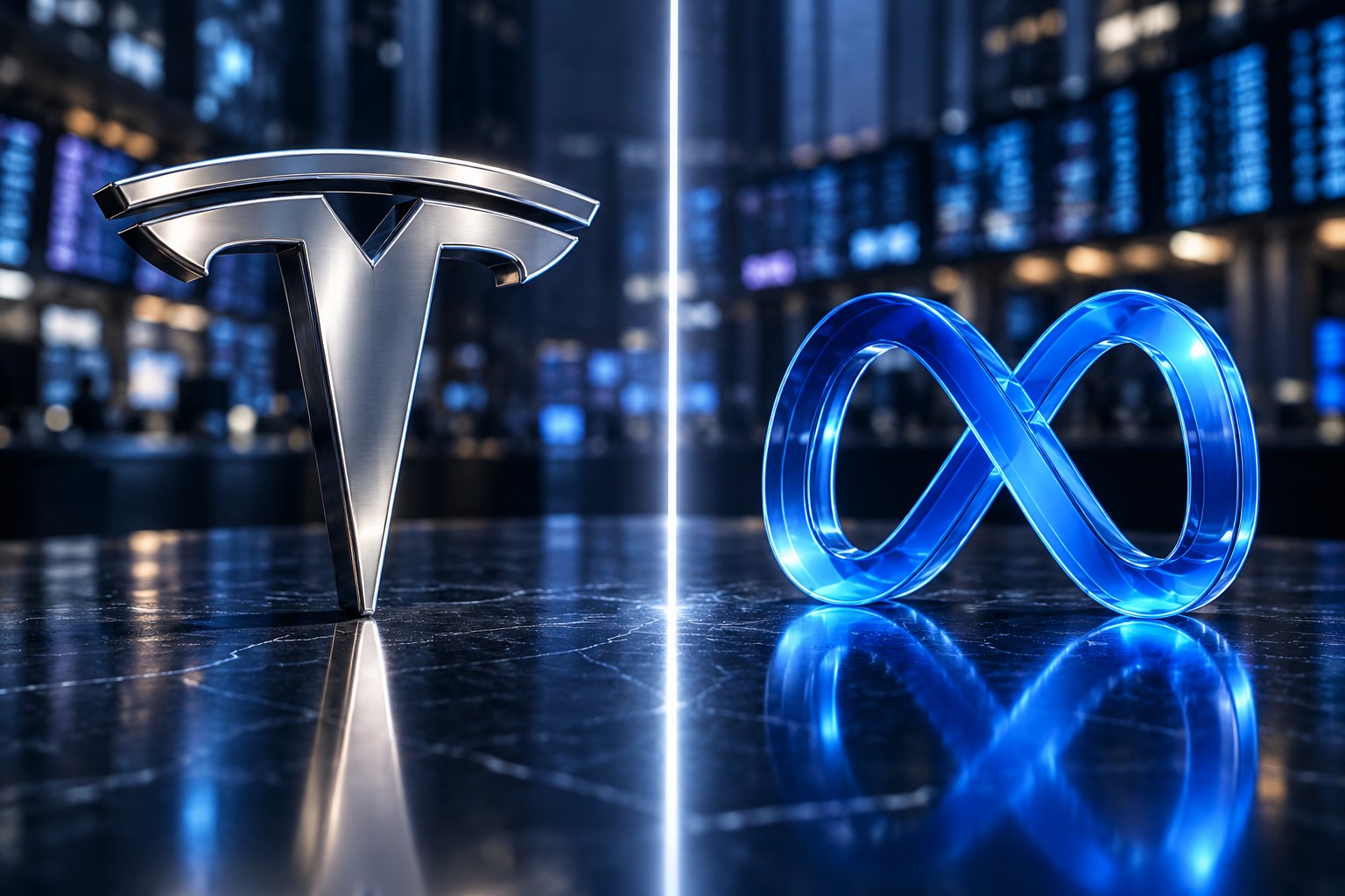 AI-generated editorial illustration of metallic Tesla and blue Meta emblems on a dark glass surface, representing their earnings reports.