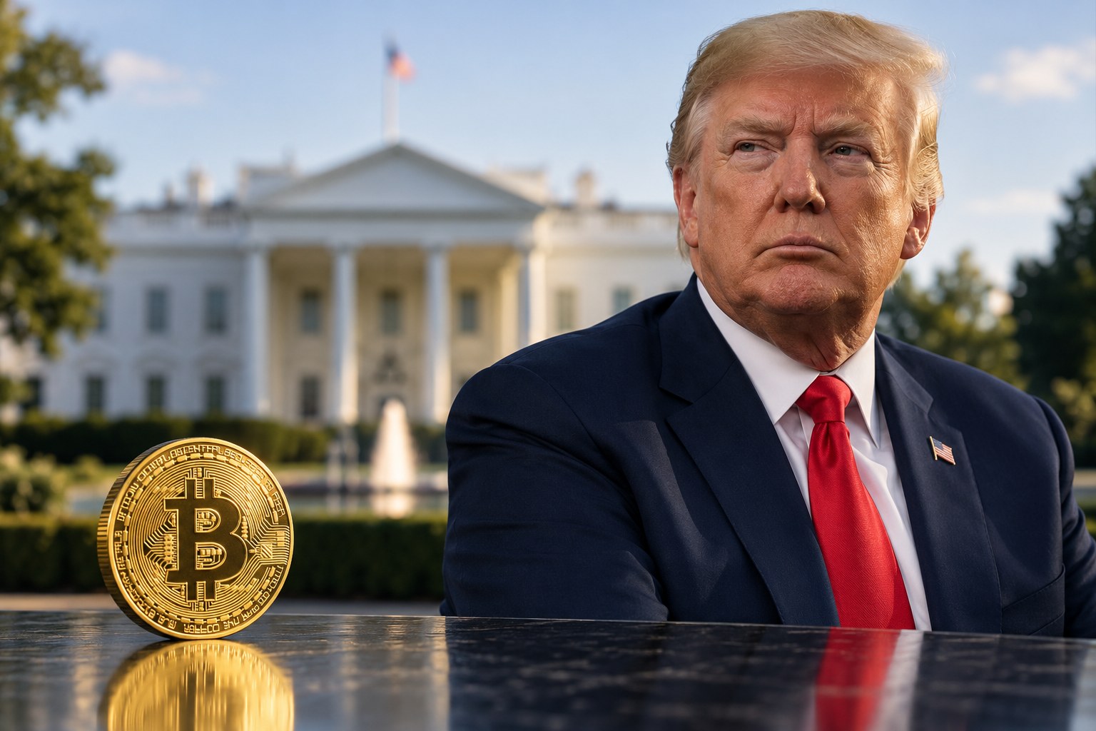 AI-generated editorial illustration of Donald Trump beside a Bitcoin token with the White House in the background, representing his crypto interests and anti-fraud agenda.