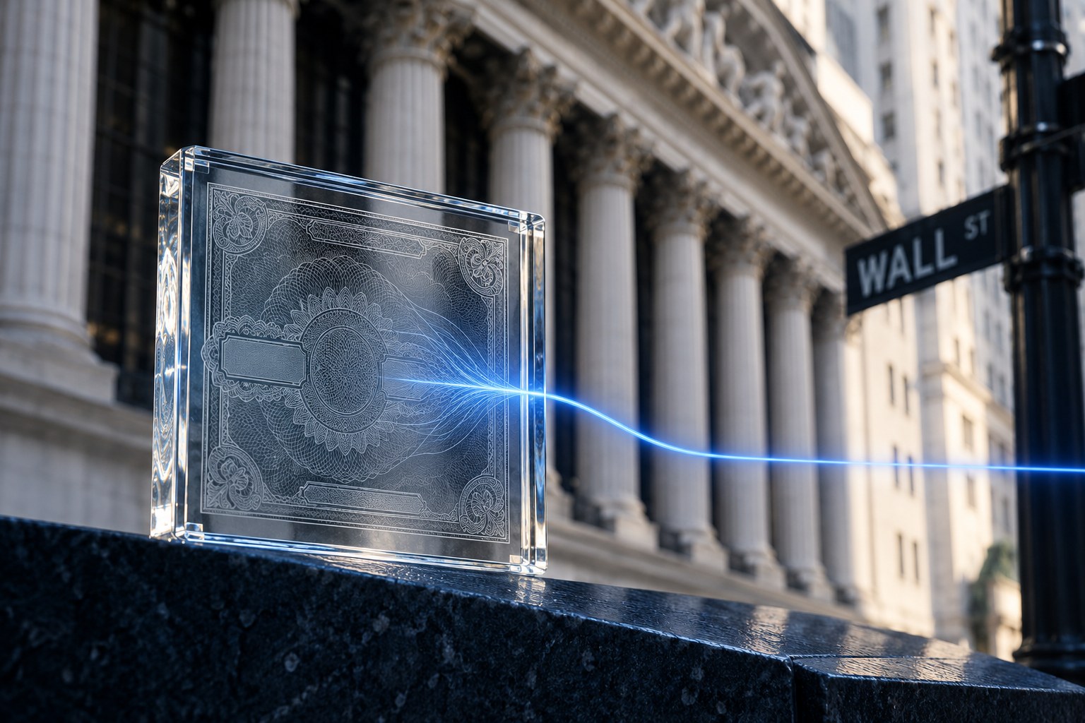 AI-generated editorial illustration of a glass share-certificate tile with a blue digital light line in front of classical Wall Street columns.