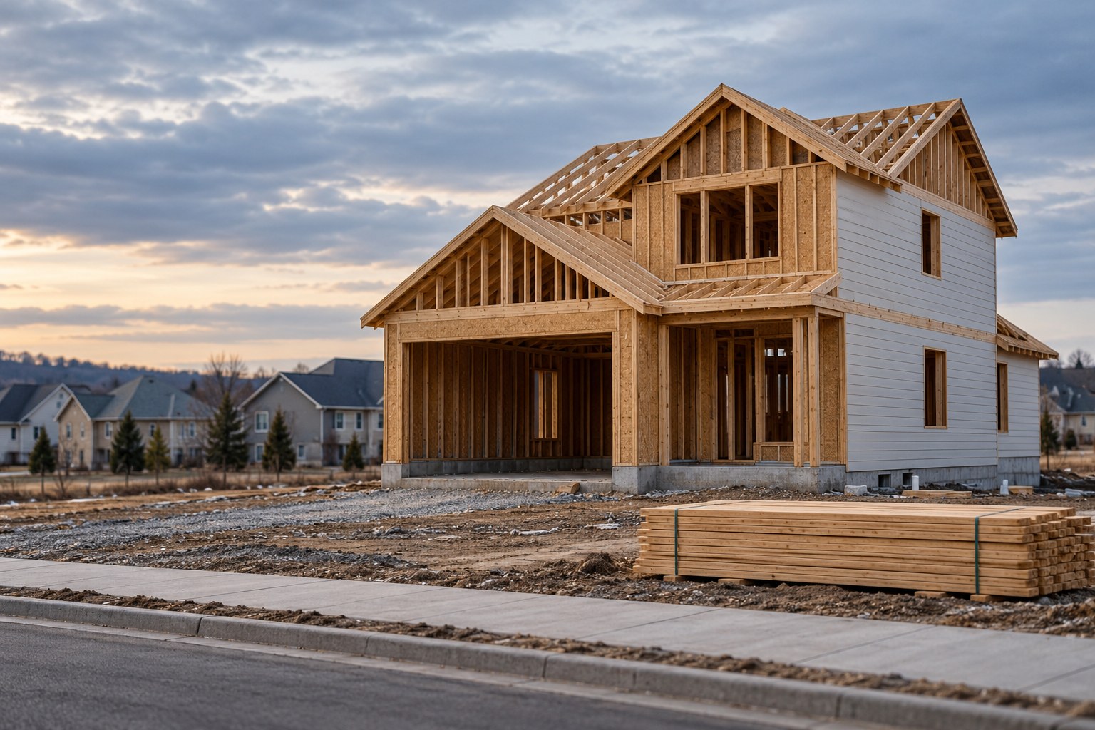 AI-generated editorial illustration of an unfinished timber-framed suburban house and stacked lumber, representing a slowdown in U.S. home construction.