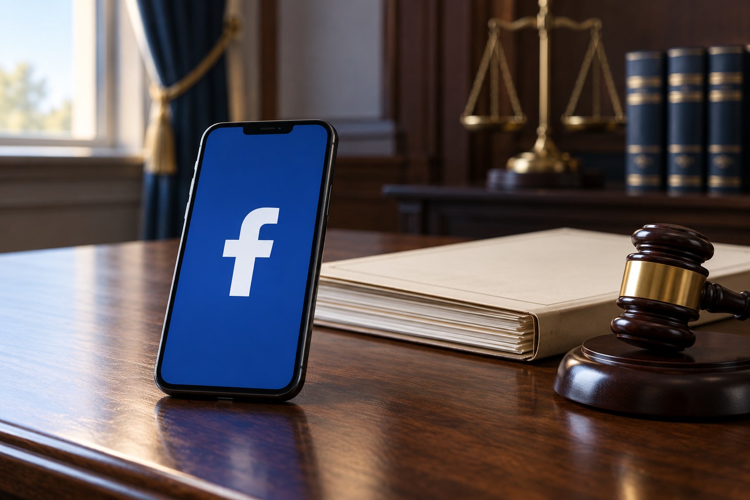 AI-generated editorial illustration of a phone displaying the Facebook logo beside a legal folder and gavel, representing the New Mexico privacy case.
