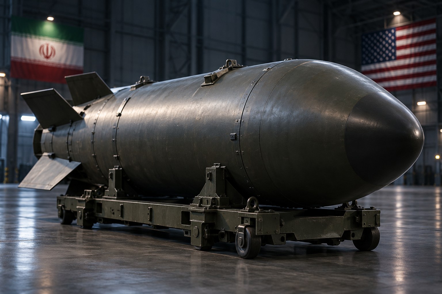 AI-generated conceptual editorial illustration of a generic conventional bomb in a hangar with Iranian and American flags; not a photograph of the unrevealed Iranian weapon.