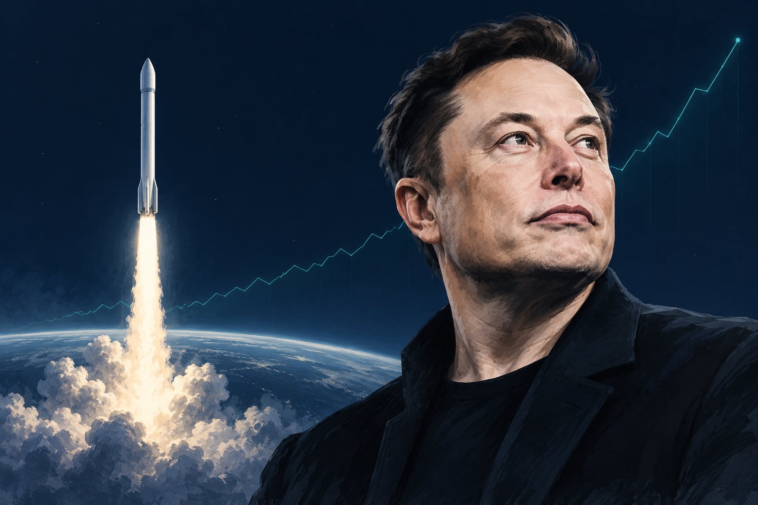 Editorial illustration of Elon Musk beside a rising rocket and a subtle stock-market line on a dark blue background.