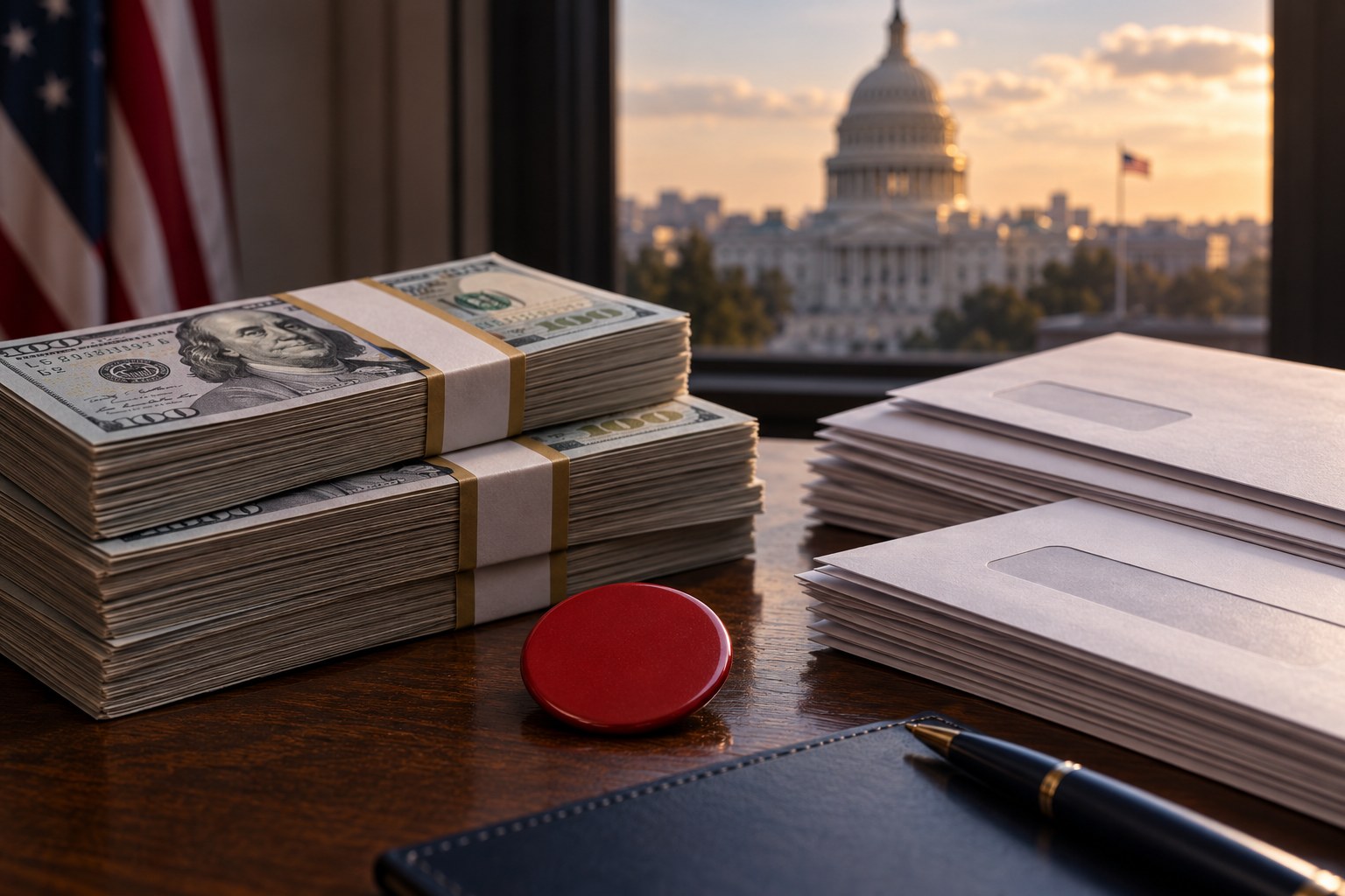 AI-generated conceptual editorial illustration of campaign funds, voter mail and a red campaign pin with the U.S. Capitol in the background; not a photograph of an actual donation.