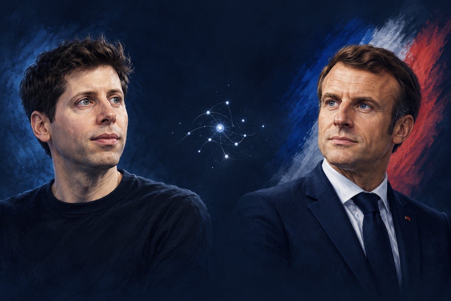 Editorial illustration of Sam Altman and Emmanuel Macron with a small abstract AI network and subtle French tricolor accents.