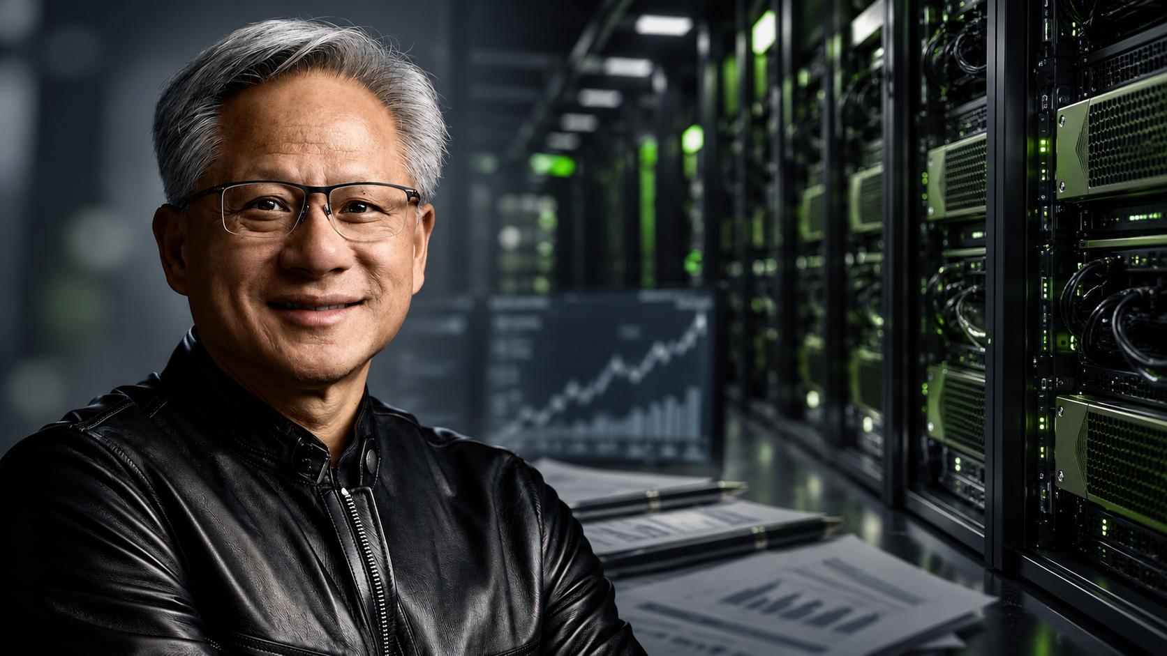 AI-assisted editorial illustration of Jensen Huang, based on NVIDIA's official press portrait, with GPU servers and financial documents. Illustration: The Apex Index/NVIDIA.