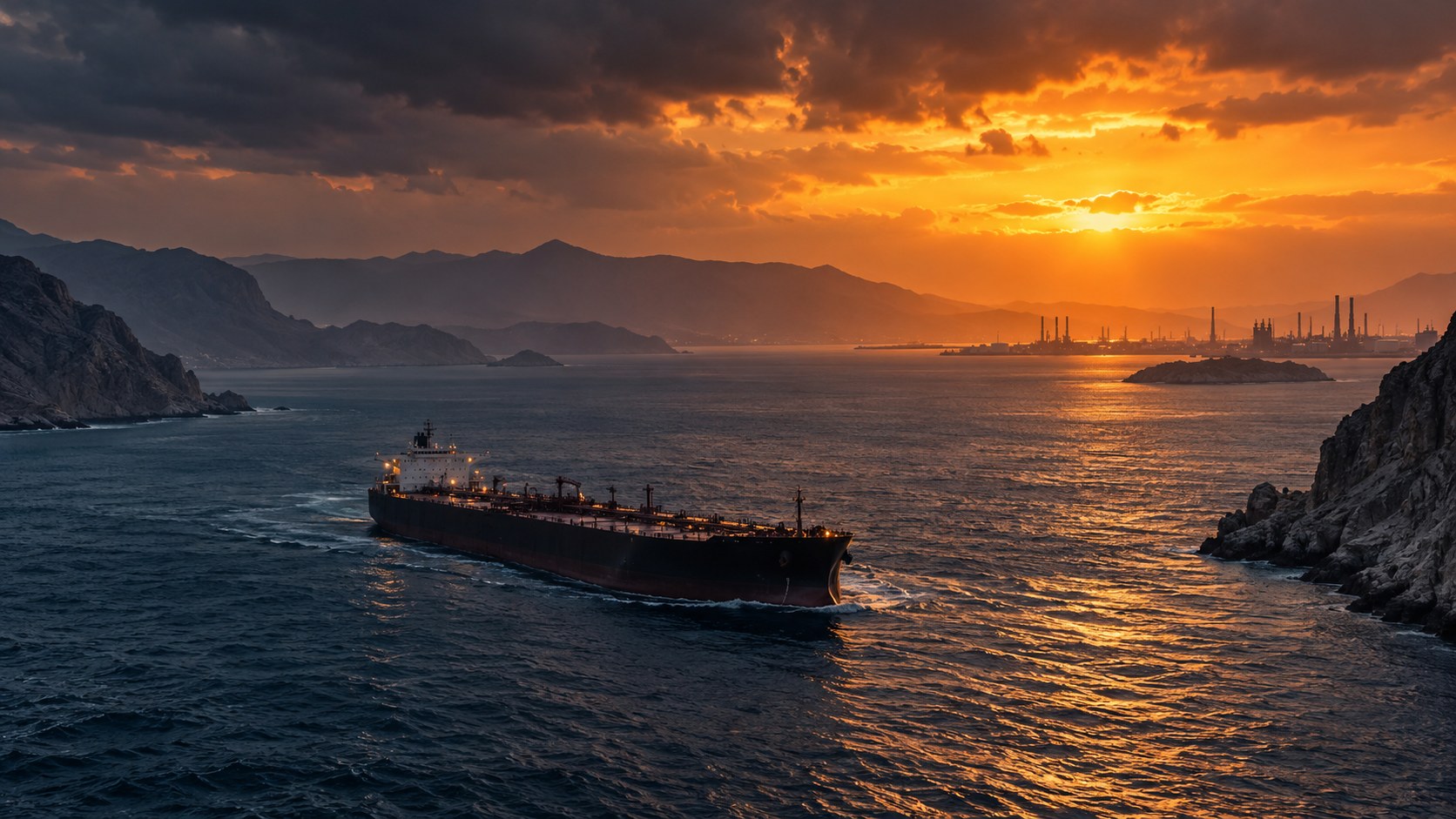 AI-assisted editorial illustration of a Gulf oil tanker under dark skies at sunset, representing tension over Gulf shipping and crude prices.
