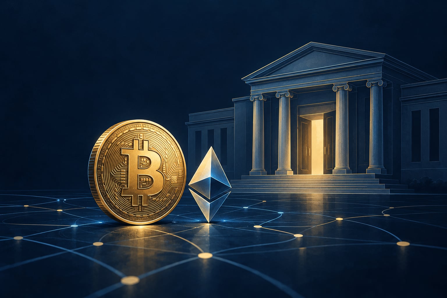 Editorial illustration of a Bitcoin coin and Ethereum symbol in front of a stylized federal building on a dark blue background.