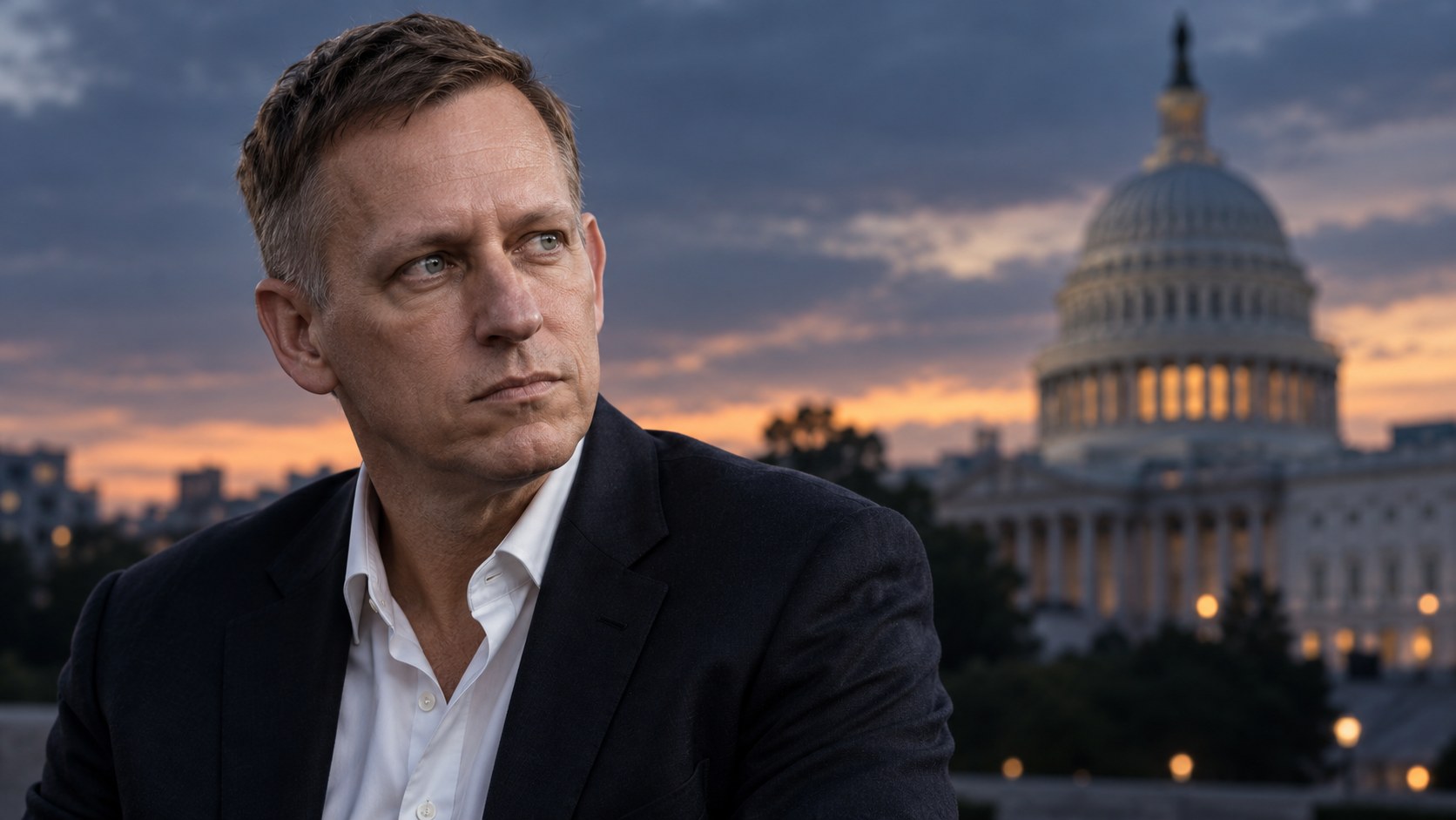 AI-assisted conceptual editorial portrait of Peter Thiel with the U.S. Capitol at dusk; not a photograph of the Nashville lecture.