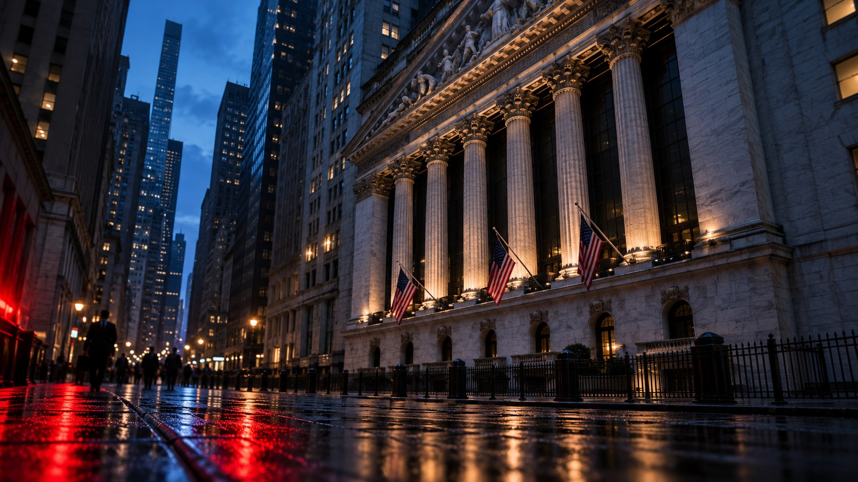 AI-assisted conceptual editorial illustration of the New York Stock Exchange at dusk, representing hedge fund positioning; not a photograph of a specific trading session.