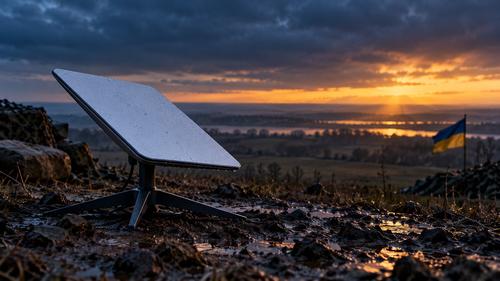 AI-assisted conceptual illustration of a satellite internet terminal in a Ukrainian field at dusk, with a Ukrainian flag in the distance; not a photograph of a specific military position.