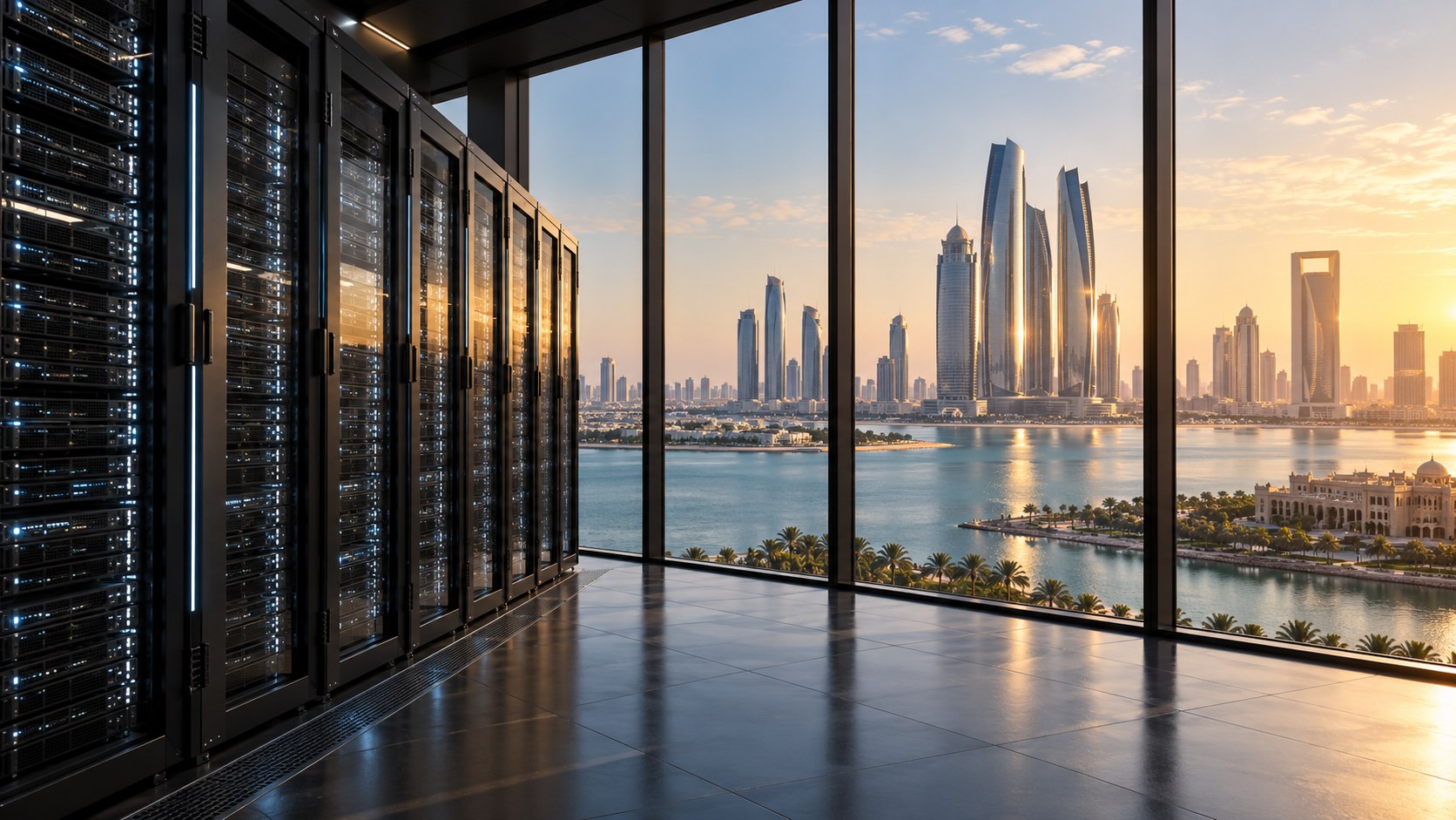AI-assisted conceptual illustration of AI server racks overlooking a UAE-inspired waterfront skyline; not a photograph of a particular OpenAI facility.
